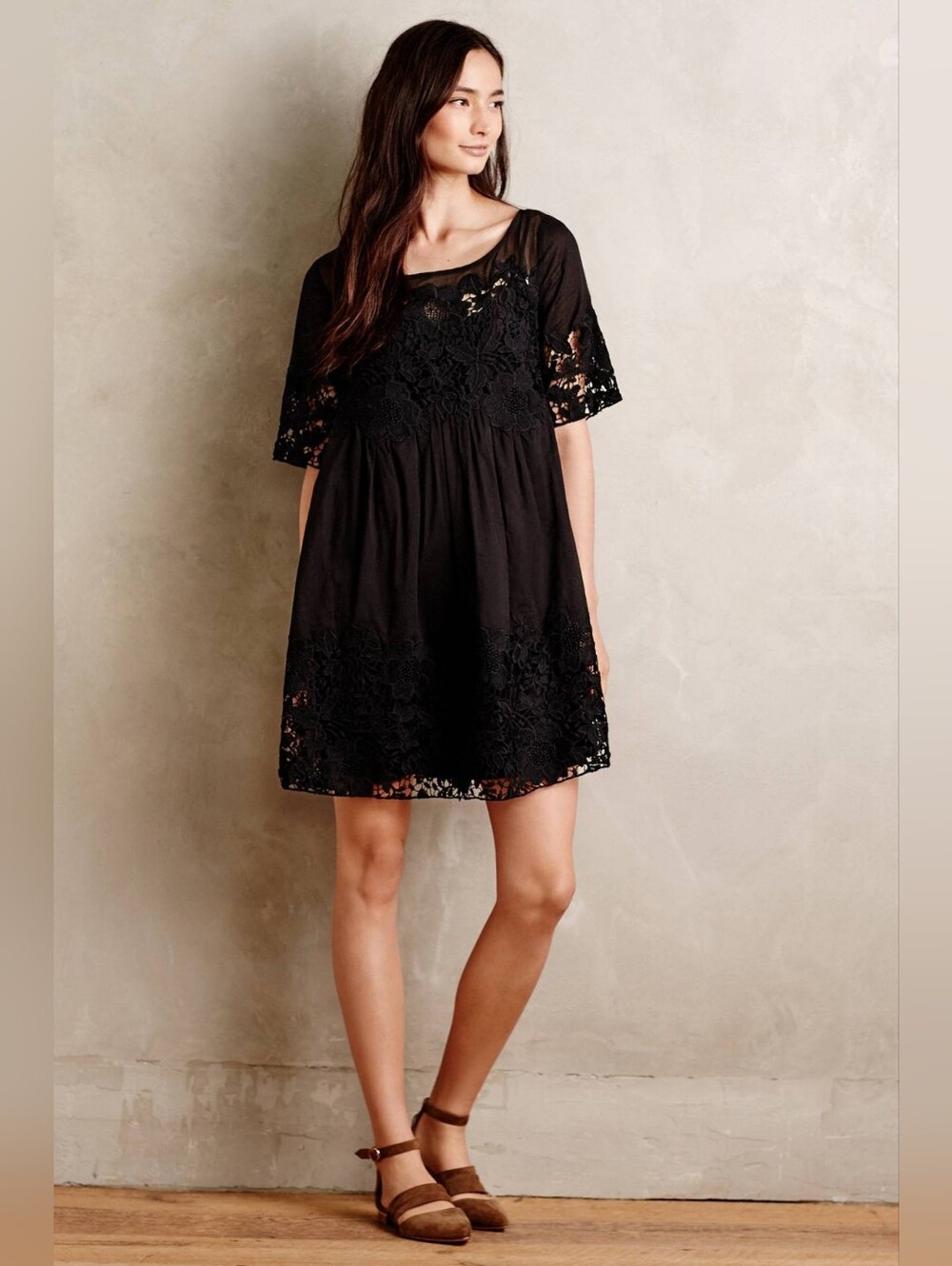 Holding Horses Magnolia Swing Dress Black Crochet Lace Babydoll Size 16